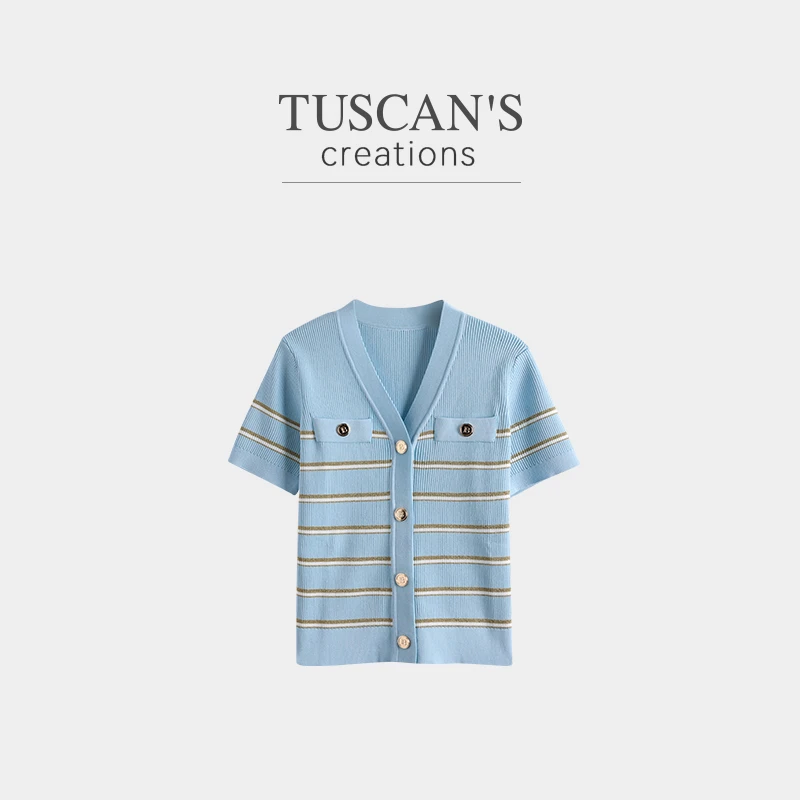 TUSCAN'S CREATIONS小香风新品撞色条纹夏季V领针织开衫时代双鱼