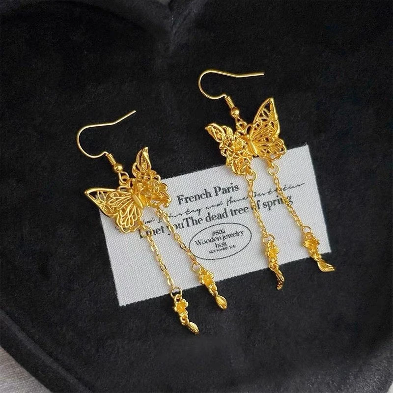 足银耳饰 花丝蝶恋花流苏耳坠