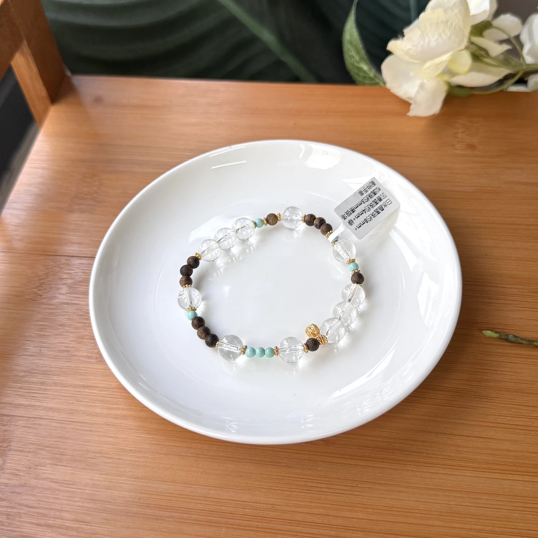 【珠宝厂长】白水晶圆珠约8mm+绿松圆珠约3mm搭银塔配件手串