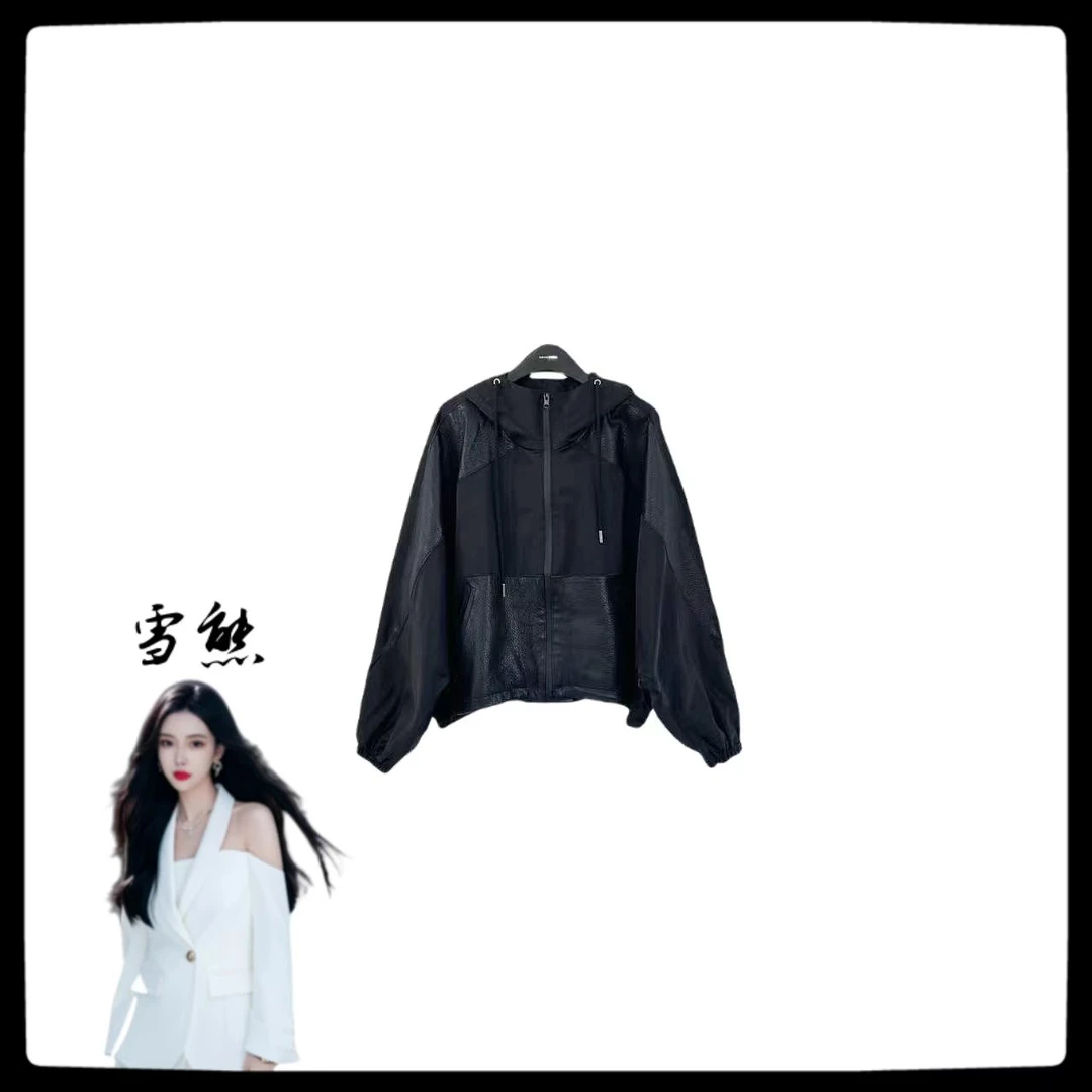 2053女装轻奢黑色拼皮 欧货外套SXZY