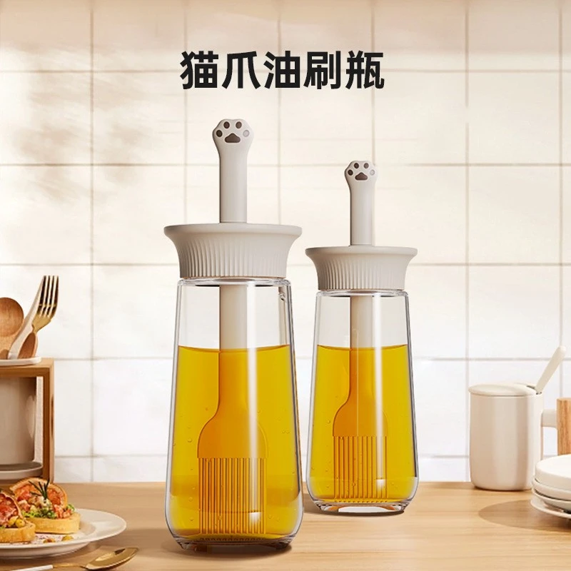 猫爪油刷瓶烘焙一体式玻璃油瓶厨房家用款耐高温烘焙硅胶刷烧烤刷