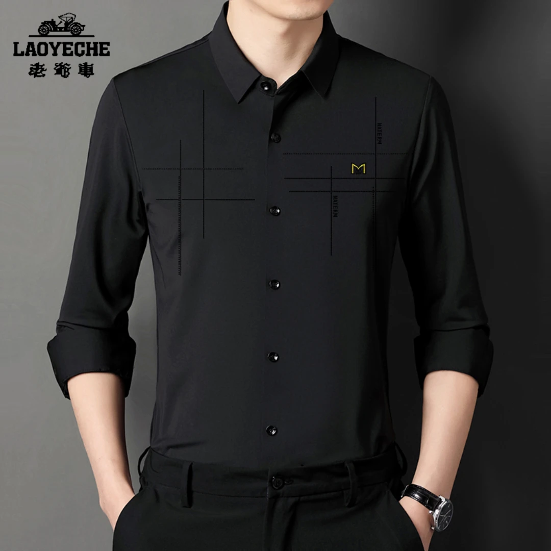 老爷车印花长袖衬衫男士新款商务休闲抗皱弹力中老年款衬衣