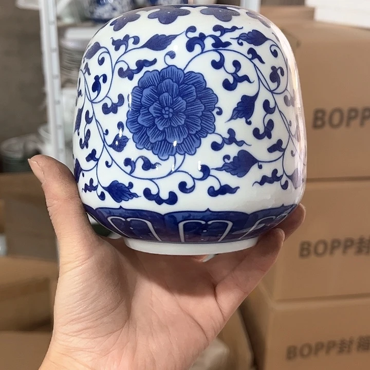 瓷片缠枝莲茶叶罐无盖2个微瑕包邮