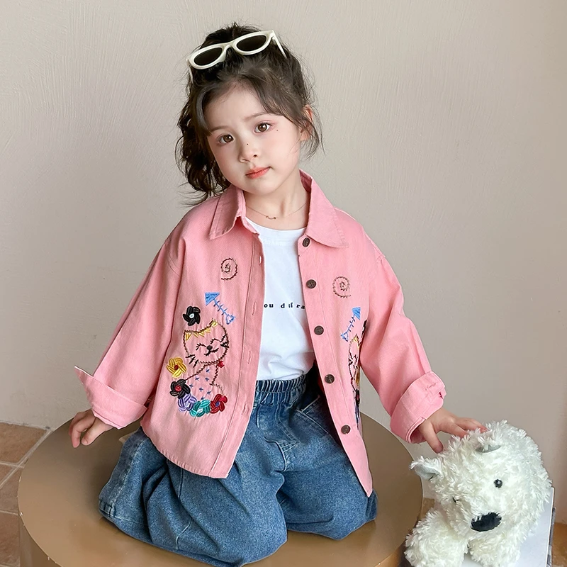 女童衬衫2025新款春秋开衫女宝宝绣花猫咪外套上衣小童韩版时髦潮