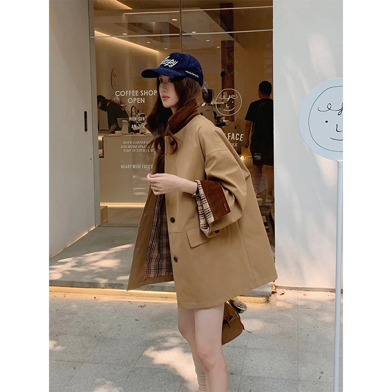 奥地利假日 韩系气质灯芯绒拼接风衣外套女秋季新款休闲百搭大衣