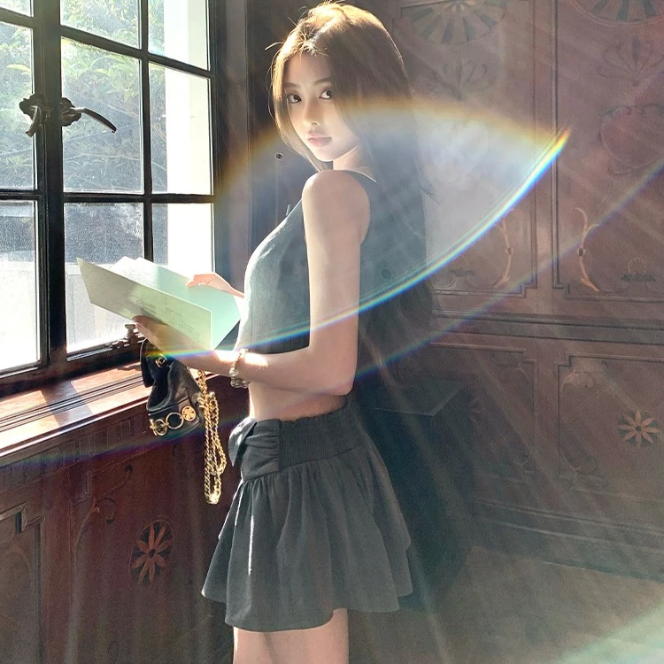 titi小姐姐【m1u系大小姐】 套装女夏季学院风灰色马甲半裙两件套