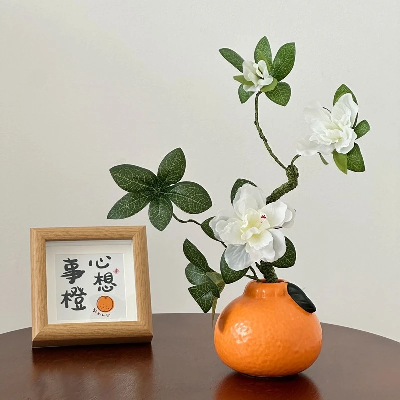 创意客厅插花橘子陶瓷装饰品办公桌水培绿萝花瓶器摆件面大吉大利