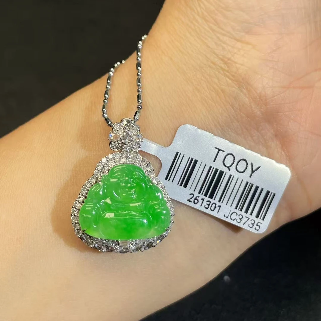 18k金镶嵌缅甸A货翡翠佛公吊坠(不含链)