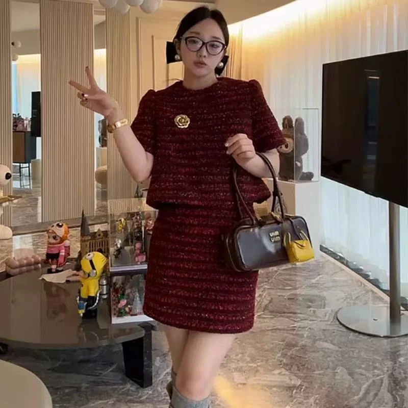 法式小香粗花呢休闲套装裙女新款宽松短袖上衣显瘦半身短裙两件套