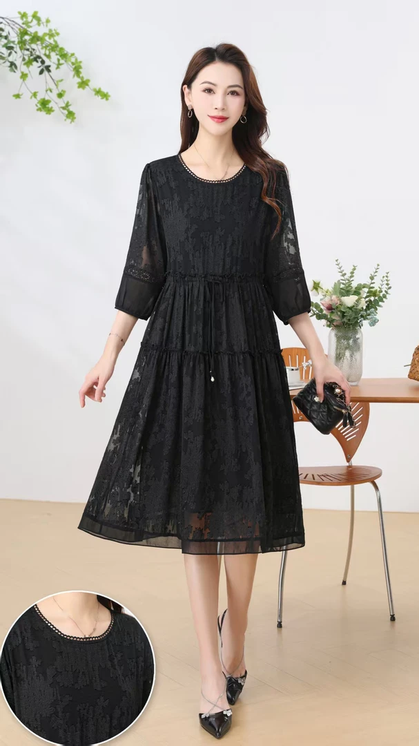 夏季A字裙刺绣长裙荷叶袖连衣裙大码女装妈妈装遮肚气质宽松