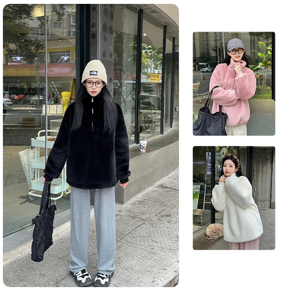 【现货+运险】T001毛毛加棉加厚套头宽松百搭美式卫衣极简风外套女