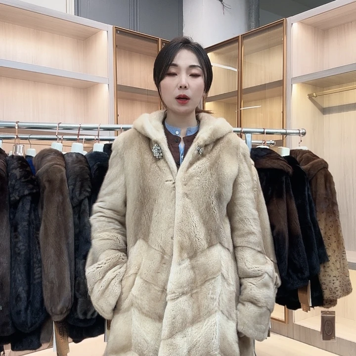 中长款米黄色连帽0687