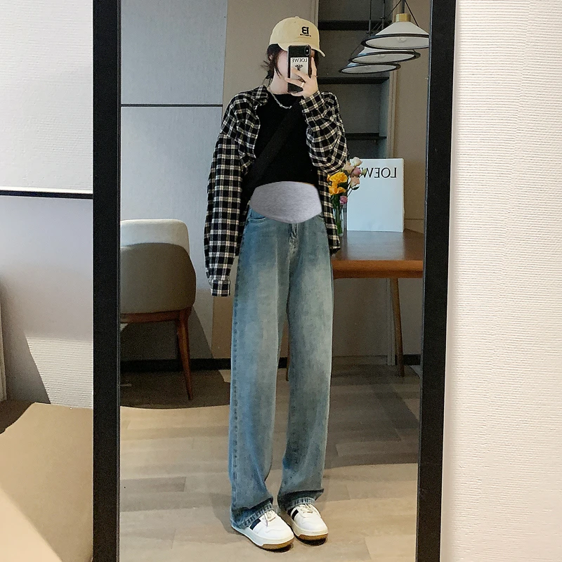 孕妇裤春秋季新款显瘦休闲简约牛仔舒适外穿宽松阔腿裤秋装