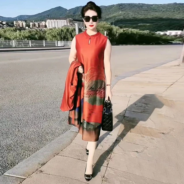 时尚秋季中老年妈妈洋气减龄长款改良旗袍裙长袖风衣大码两件套装