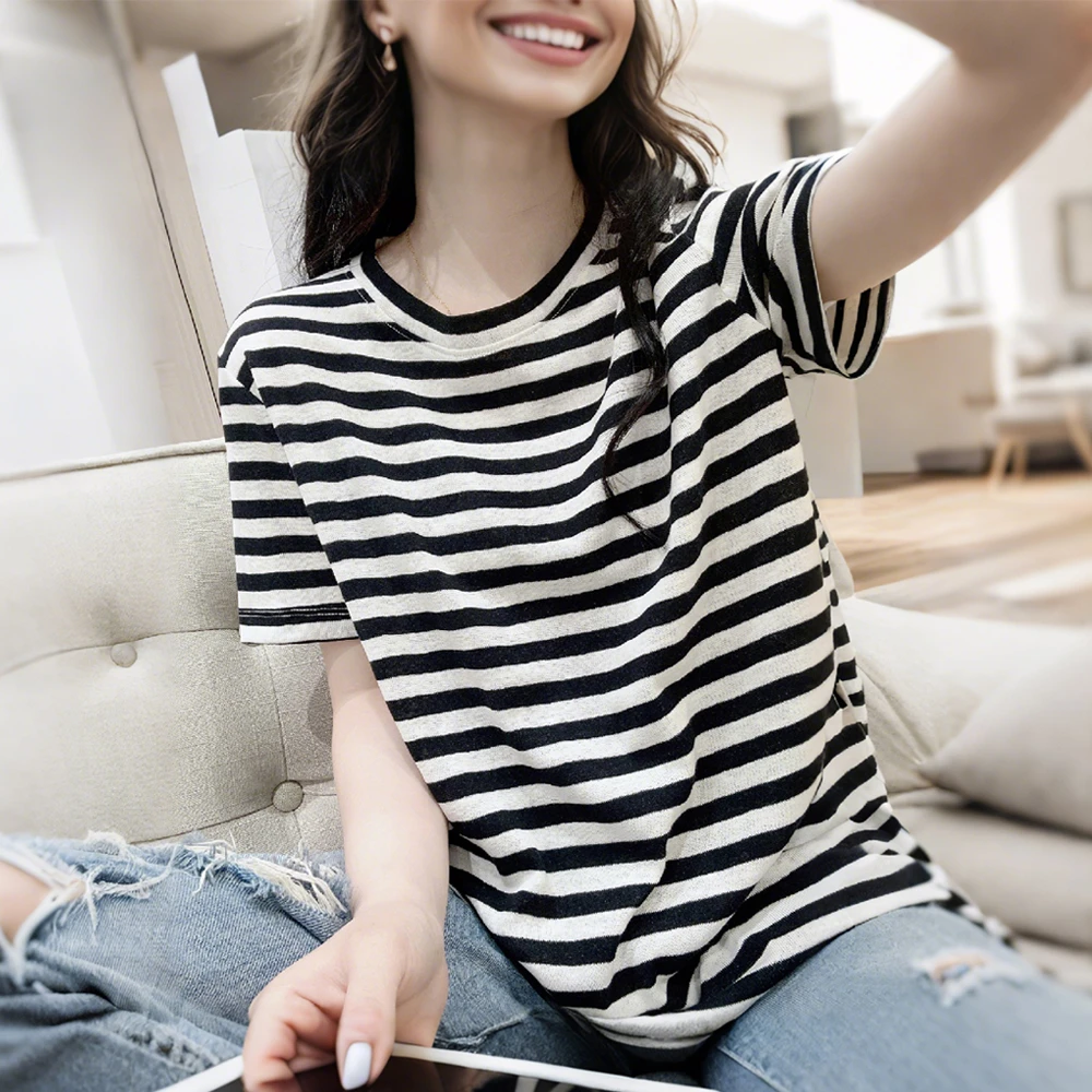 夏季新款时尚复古撞色条纹宽松圆领短袖棉质T恤衫百搭显瘦上衣女