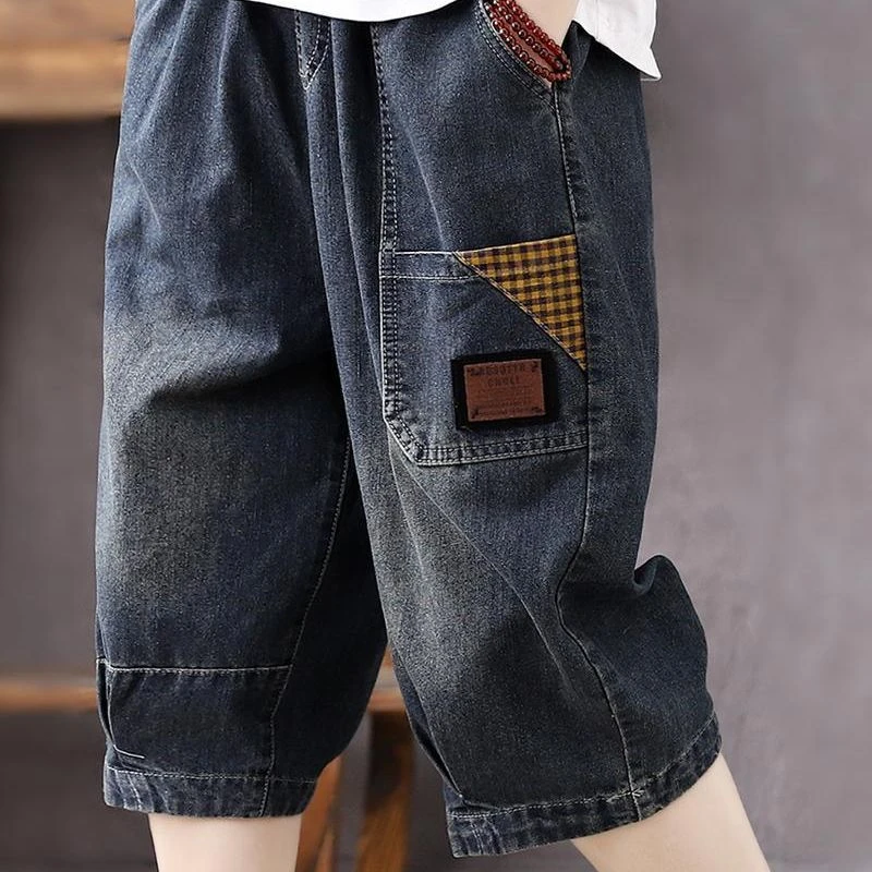 松紧腰牛仔七分裤女夏季薄款宽松休闲复古时尚小个子六分哈伦裤子