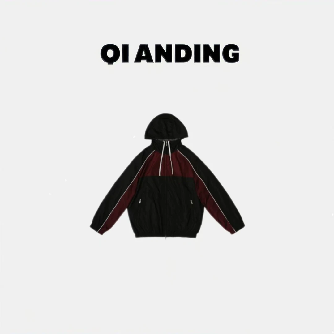 【QIANDING】2025早春“环岛日记”春季美式复古撞色连帽外套25319