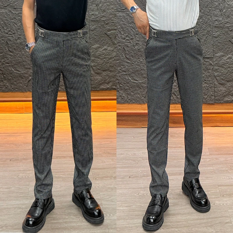 老钱风黑白格那不勒斯简约时尚修身大气西裤直筒千鸟格暗纹系列裤