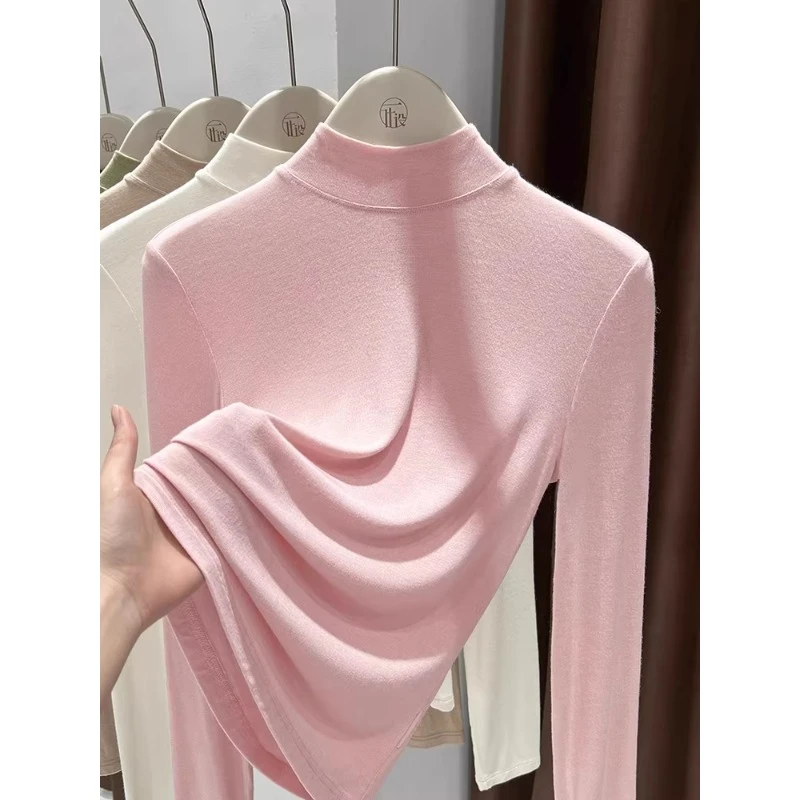 芯娇晴软糯面膜超弹小立领打底衫叠穿保暖长袖粉色修身女气质小衫