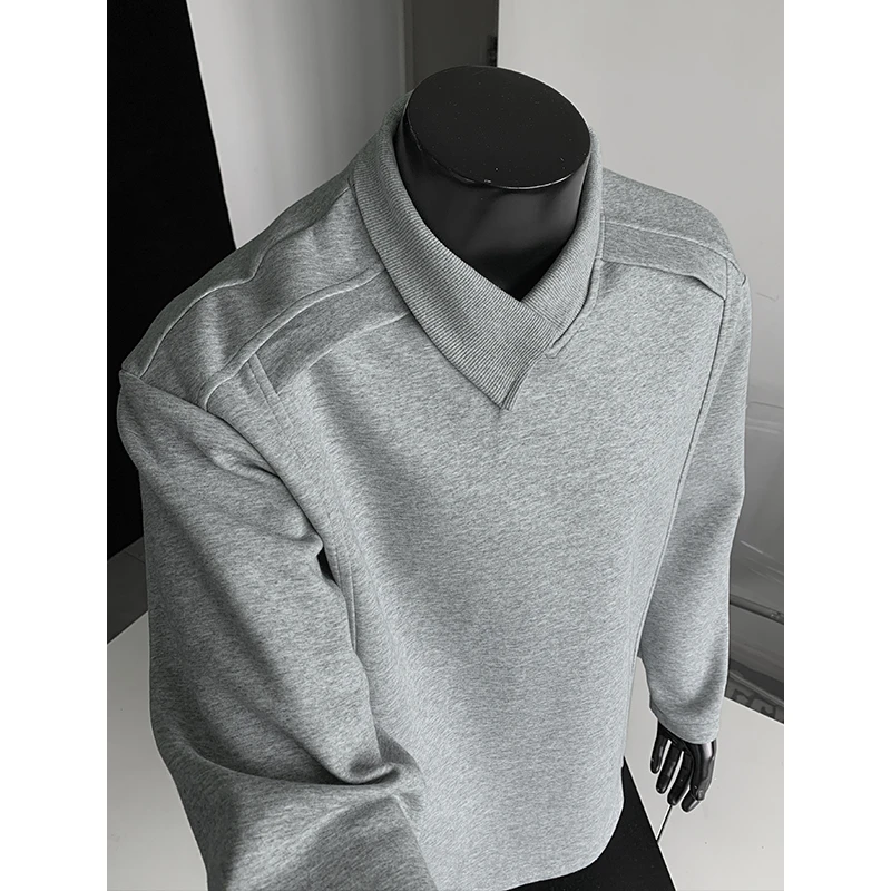 高级感解构拼接长袖t恤男秋季不规则设计polo衫美式重磅纯色上衣
