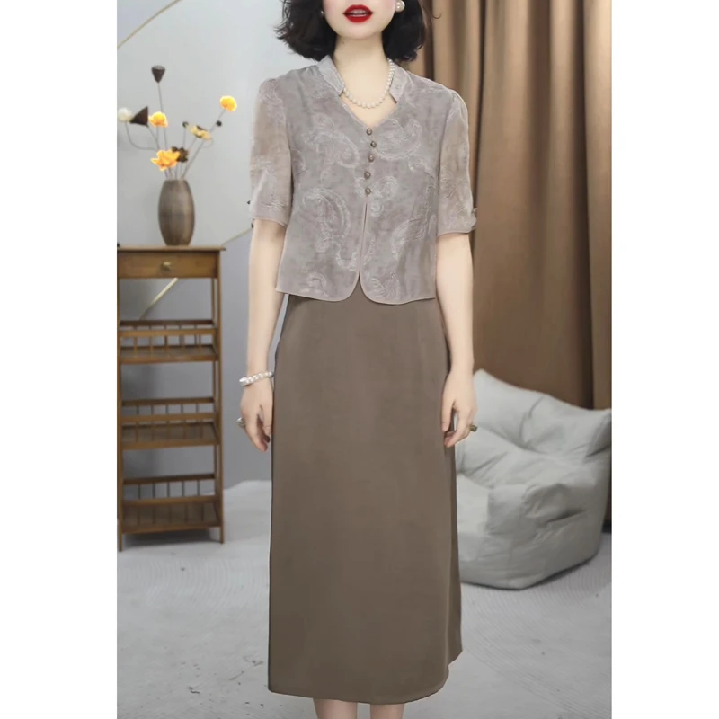 短袖假两件连衣裙女士2025年初夏新款中长妈妈洋气时尚高级感裙子