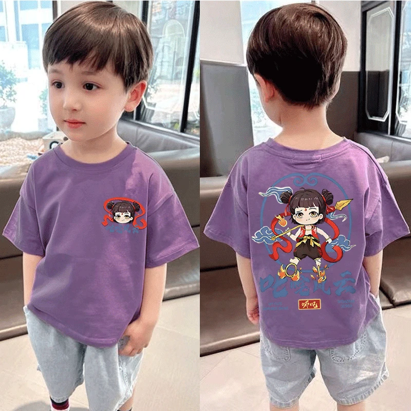 国潮哪吒2025新款夏季男女中小儿童短袖纯棉宽松百搭上衣外穿潮T