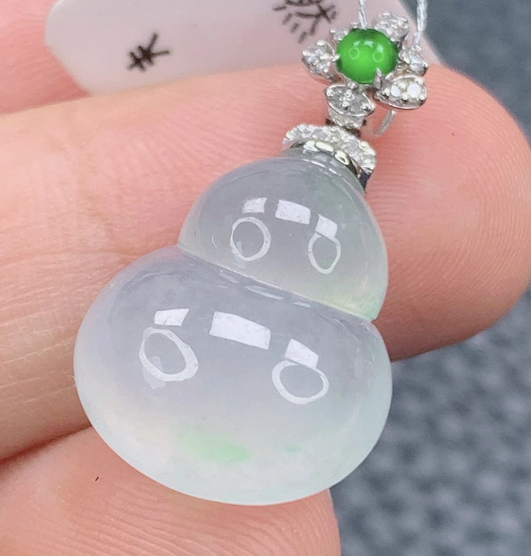 天然缅甸A货冰种冰透翡翠葫芦吊坠18k金镶嵌玉挂件