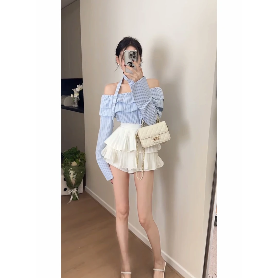 2025超火两件春装小个子气质减龄一字肩条纹高腰半身裙修身套装女
