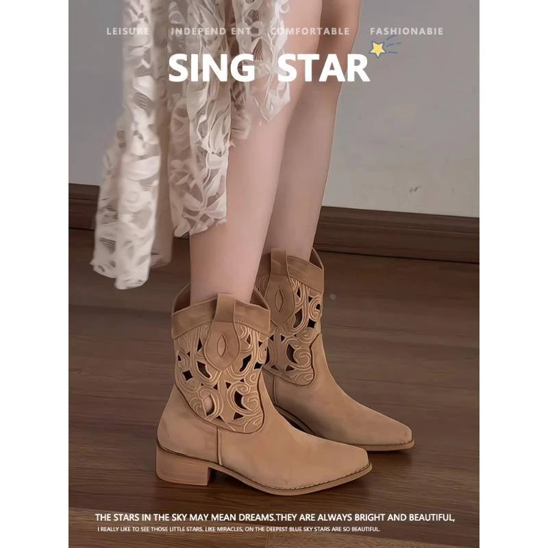 明星同款正版复古民族风夏日女款透气粗跟短靴2025尖头时尚显气质