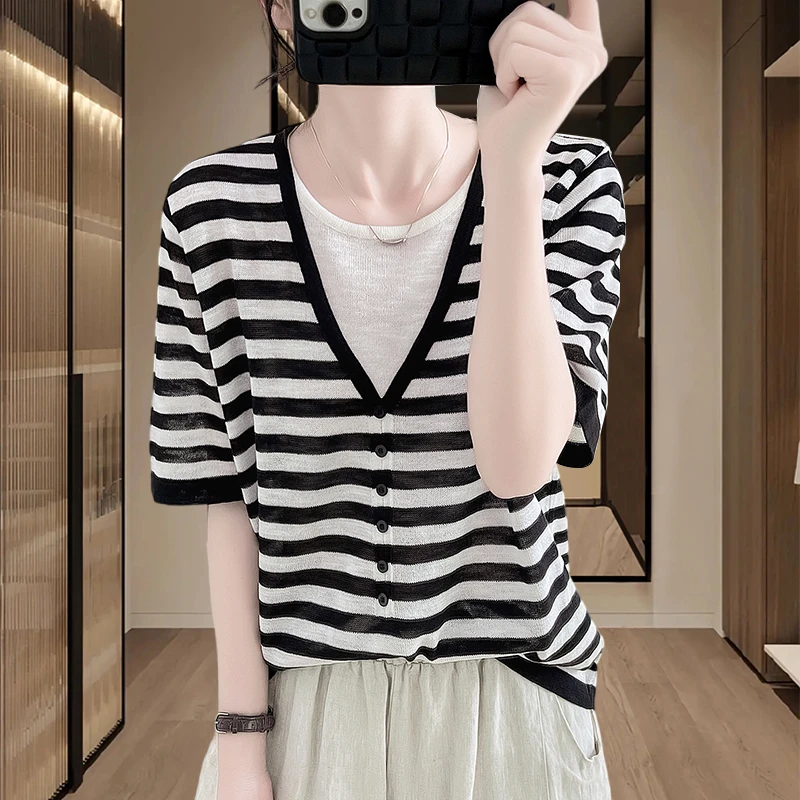 2025夏季新款时尚拼接体恤女士宽松遮肉显瘦短袖上衣百搭洋气女装