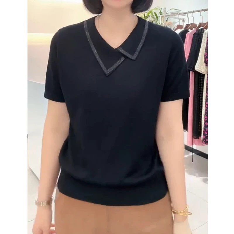 【小蒋严选】直播间同款2025新款夏季翻领烫钻针织上衣女薄款短袖