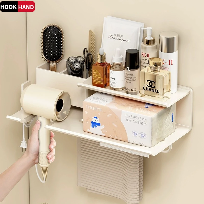 奶油风卫生间吹风机置物架免打孔壁挂式浴室风筒梳子多功能收纳架