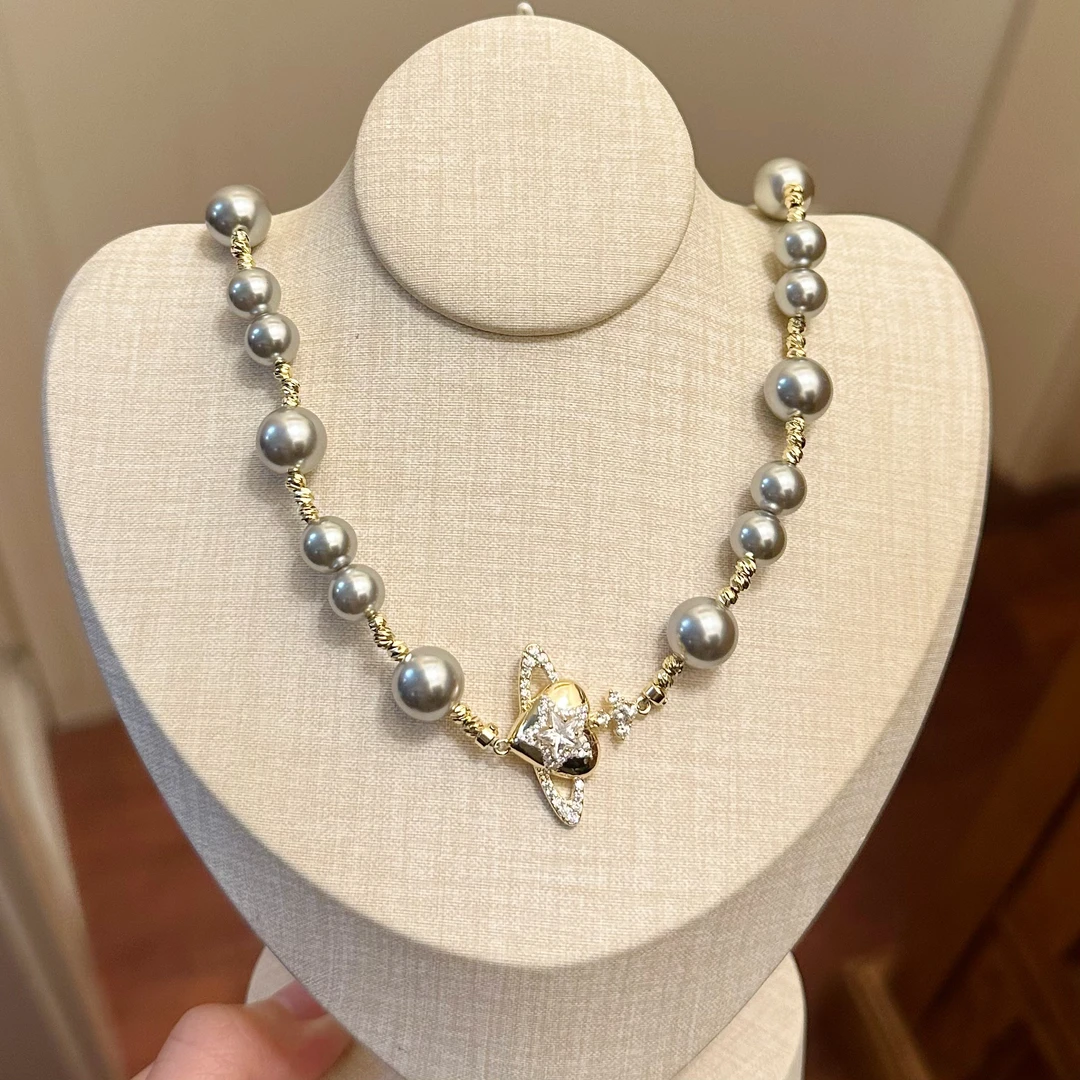 铜合金仿珍珠项链 X0098 时尚气质百搭灰色土星项链