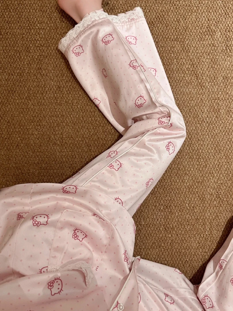 kitty波点蕾丝长袖冰丝睡衣女夏季款亲肤凉感舒适家居服长裤套装