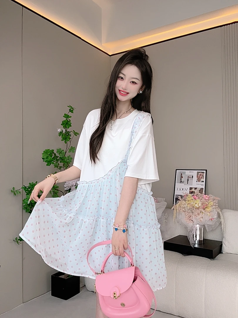 【XCZ】原创新款前肩花边拼接清新气质设计感时尚百搭休闲连衣裙