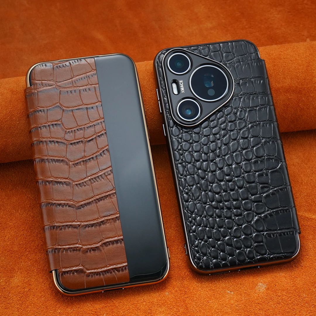 适用华为Pura80Pro+真皮鳄鱼纹磁吸翻盖手机壳Pura70Ultra防摔男