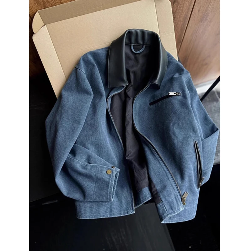 vintage藏蓝色底特律水洗做旧翻领夹克男款美式复古短款工装外套