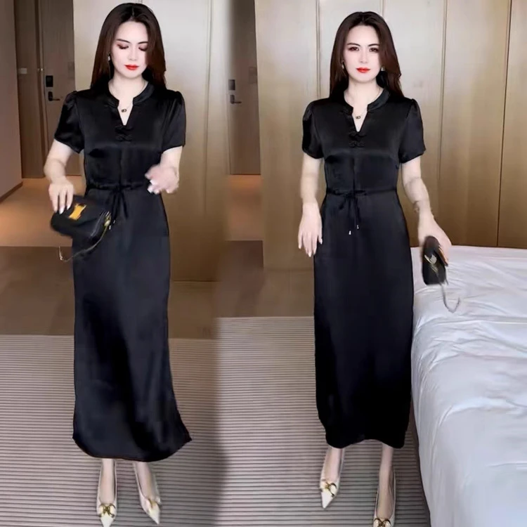 （BB25）优雅连衣裙夏季新款V领系带收腰显瘦过膝薄中长款裙子