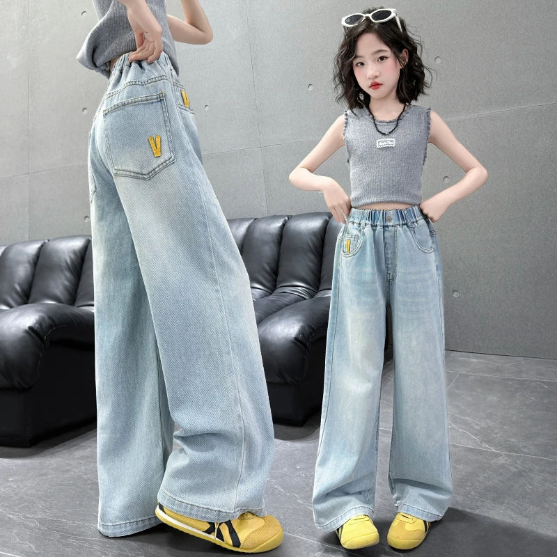女童牛仔裤春秋季2025新款儿童爆款阔腿裤女中大童秋装裤子初中生