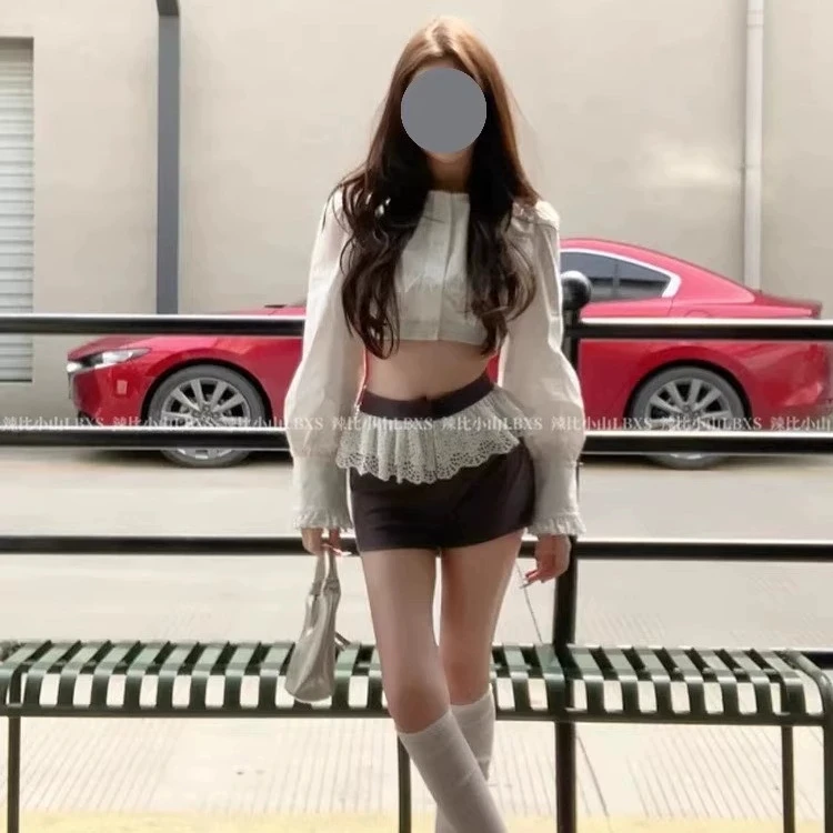 短款拼接连衣高腰青年纯色直筒辣妹风长袖女夏季不加绒花边两件套