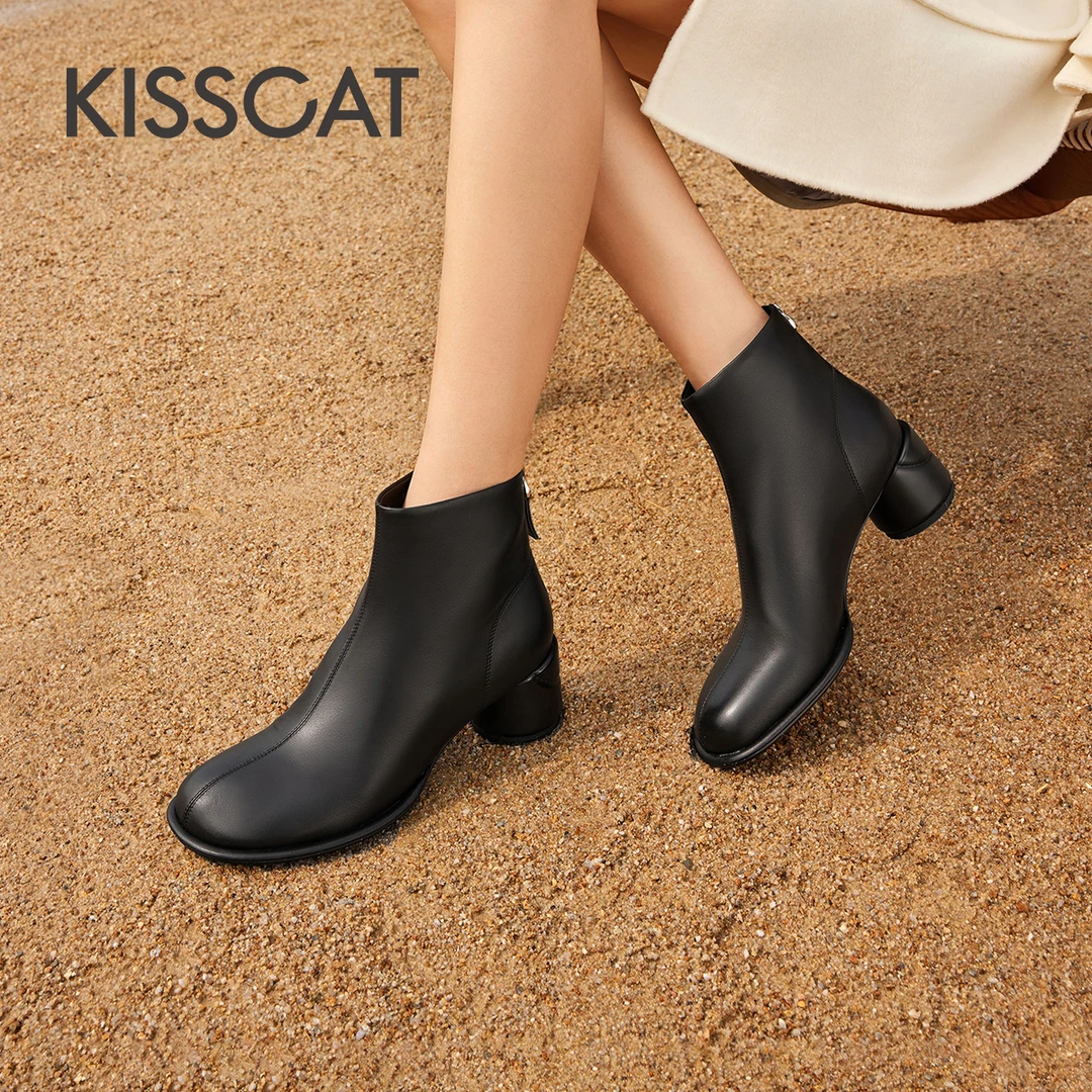【达人专属】接吻猫新款时尚真皮短筒靴粗跟通勤时装靴女KA43794-50