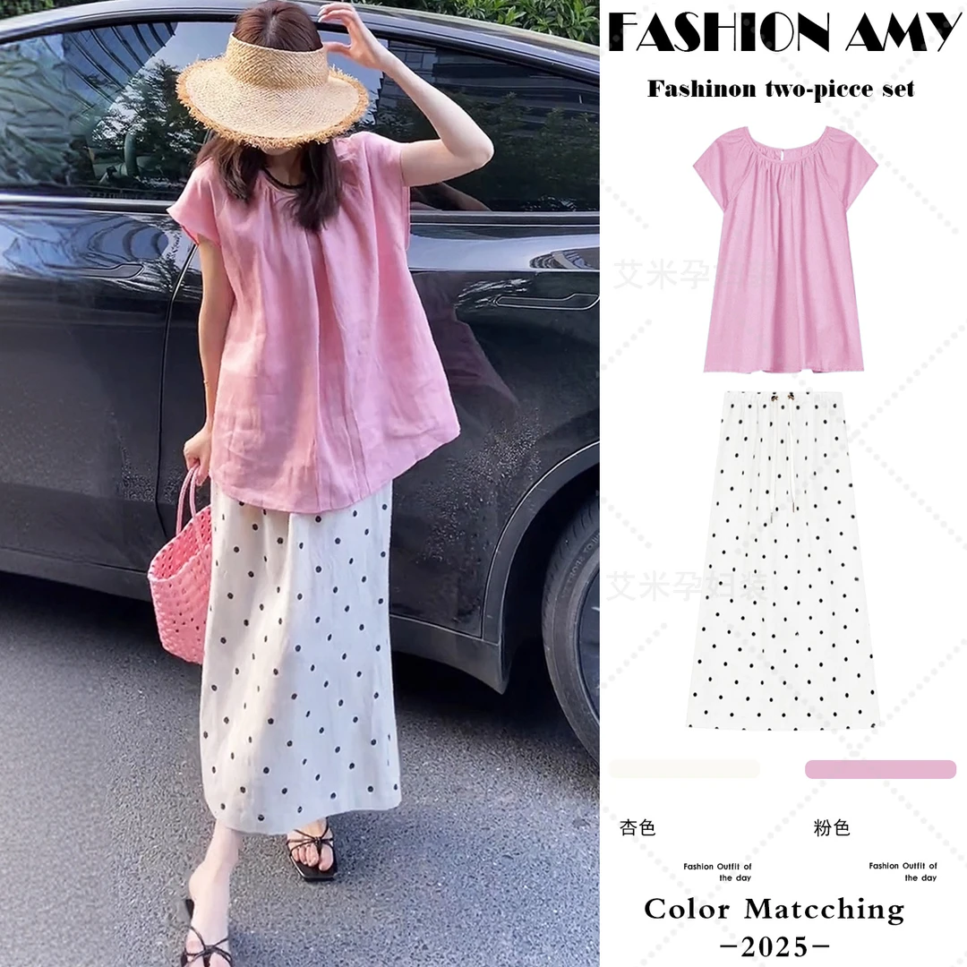 孕妇套装夏装新款时尚韩版洋气小飞袖麻棉短袖上衣休闲波点半身裙