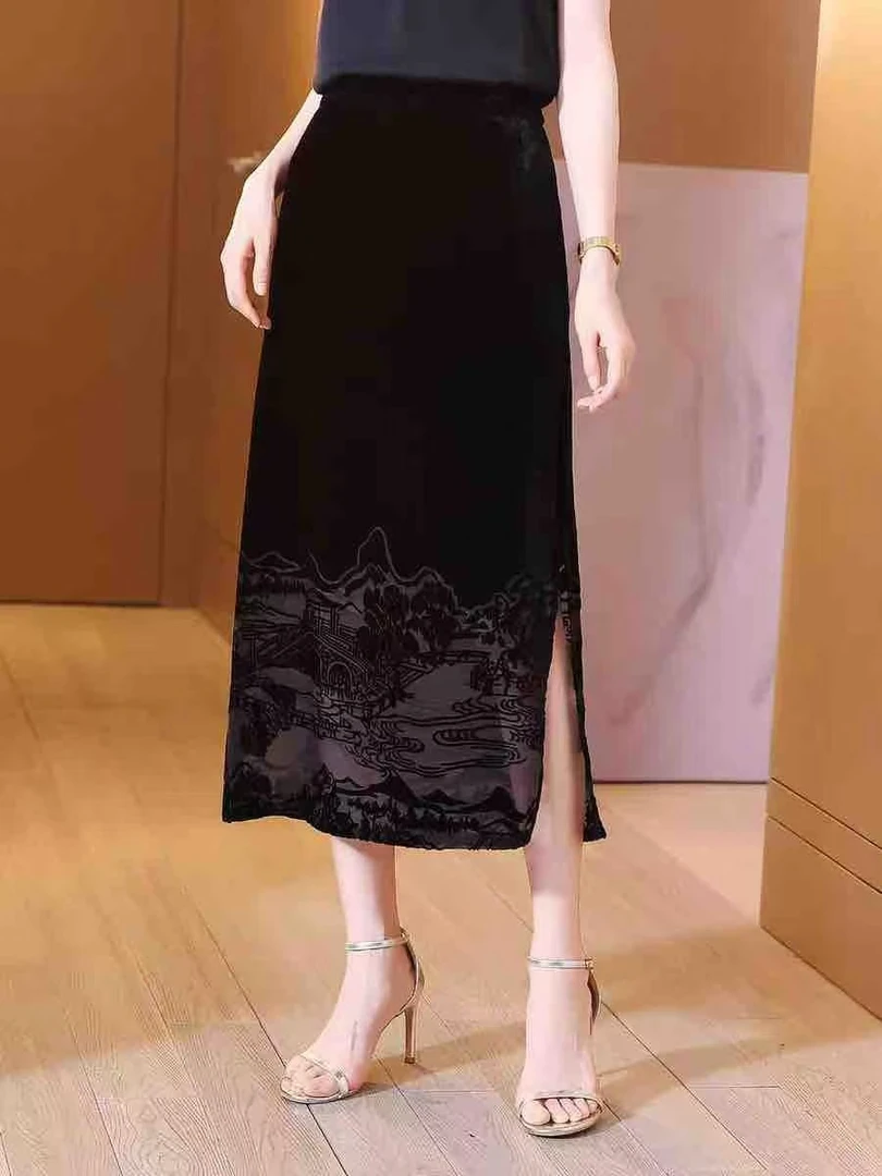 国风轻奢复古丝绒烧花半身裙女秋季新款设计感下摆中长裙 长85