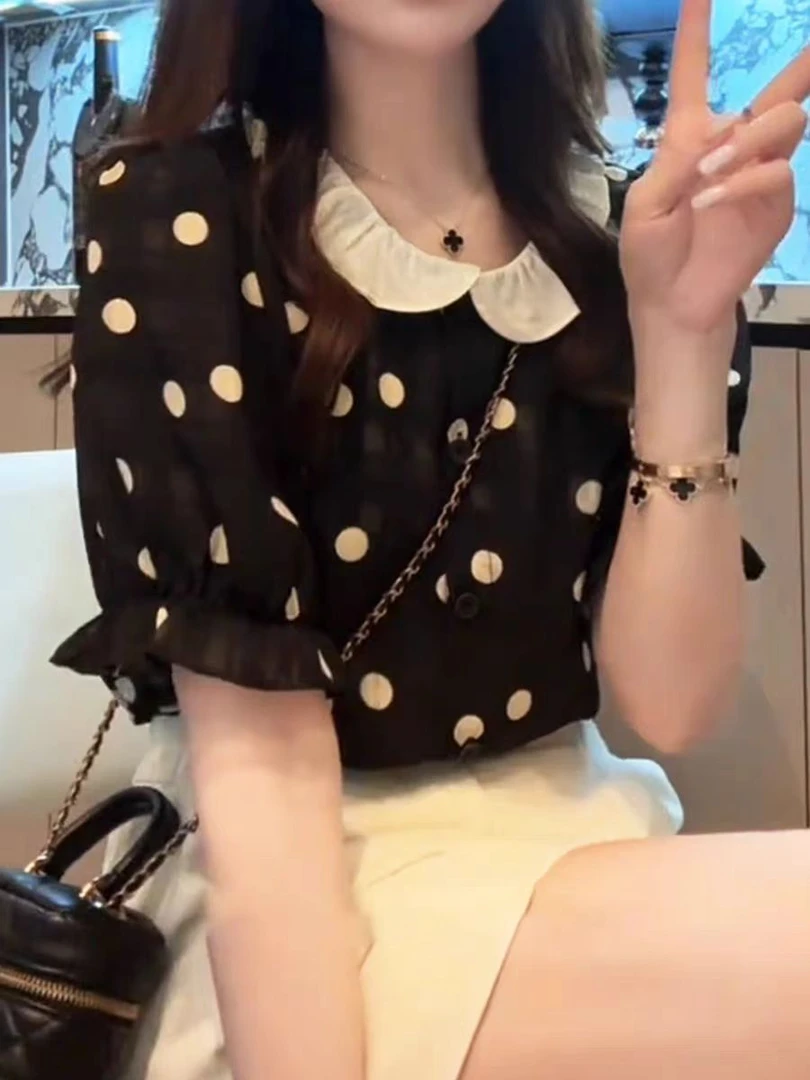 9314夏季洋气独特漂亮小衫气质短袖波点衬衫法式衬衣