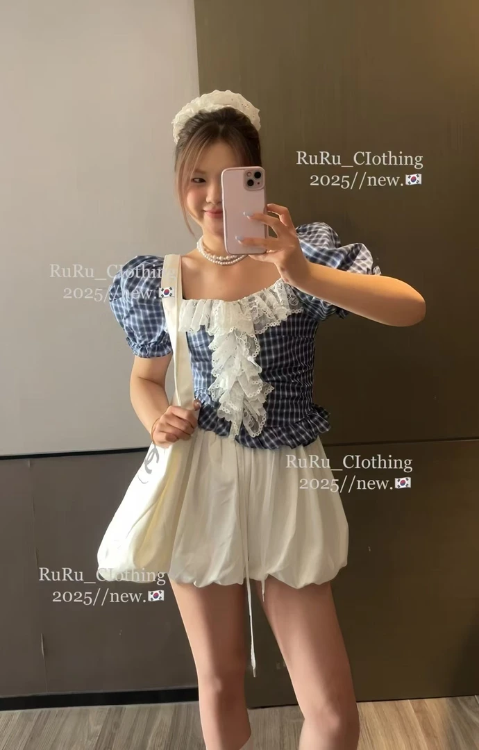 （大發）夏季新款短袖衬衫格子拼接蕾丝木耳边显瘦上衣