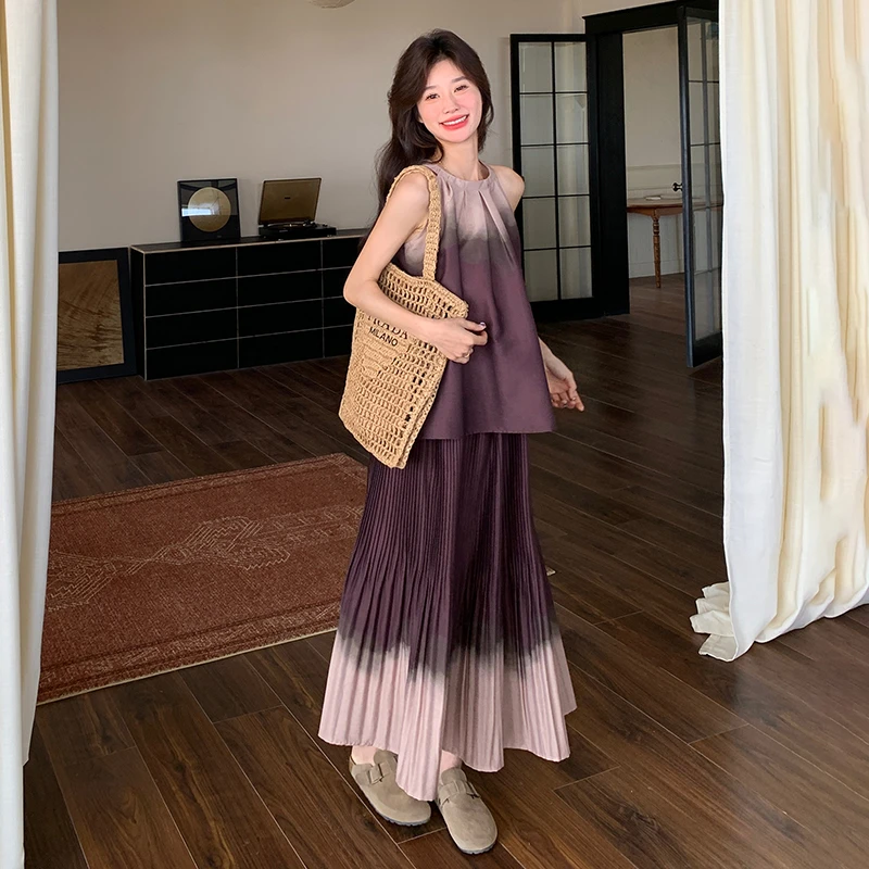 紫色渐变套装女2025夏季新款高级感复古宽松吊带上衣半身裙两件套
