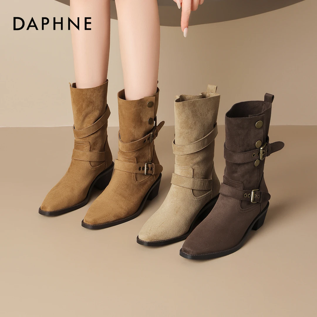 达芙妮复古尖头西部牛仔靴女秋季爆款粗跟软底舒适两穿百搭小短靴