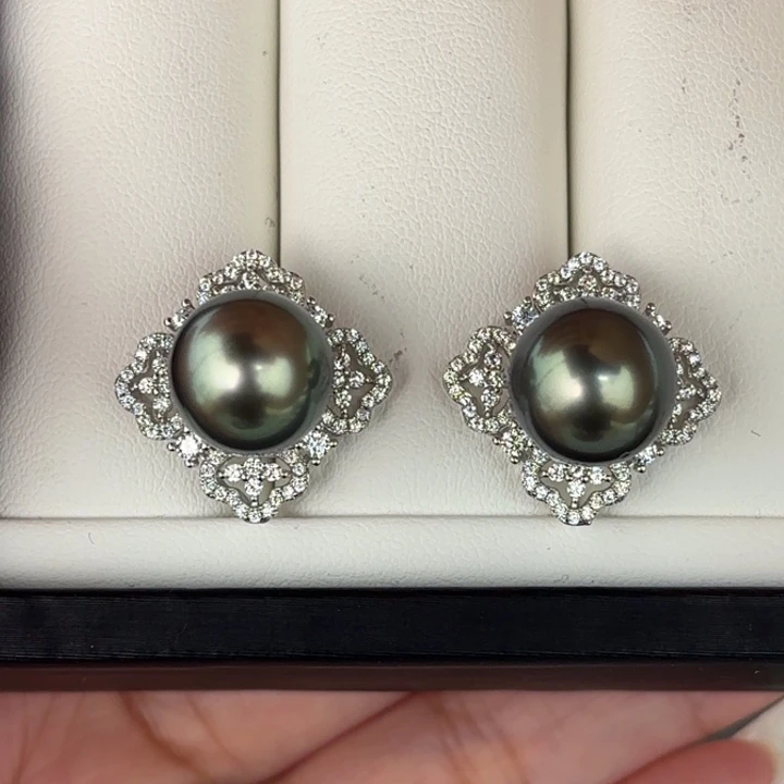 定制海水珍珠银S925镶嵌耳饰11.7-11.9mm大溪地两颗