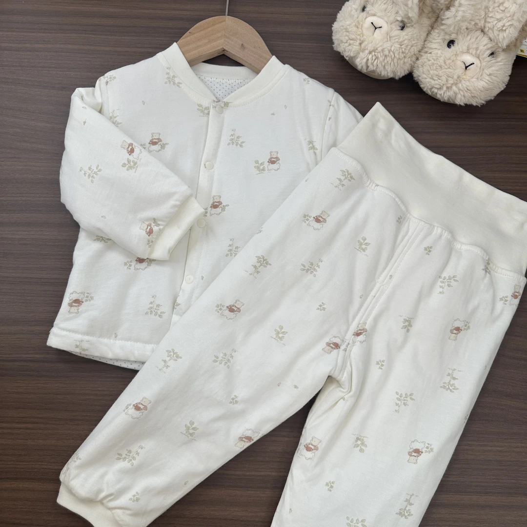 女宝全棉秋冬新款40g夹棉保暖高腰护肚分体按扣家居服秋衣秋裤
