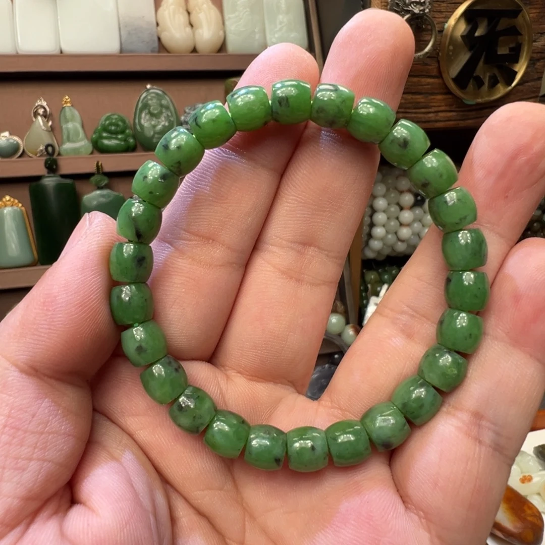 和田玉未镶嵌手串8mm直切俄碧乌兰海红皮果绿满肉料福利7